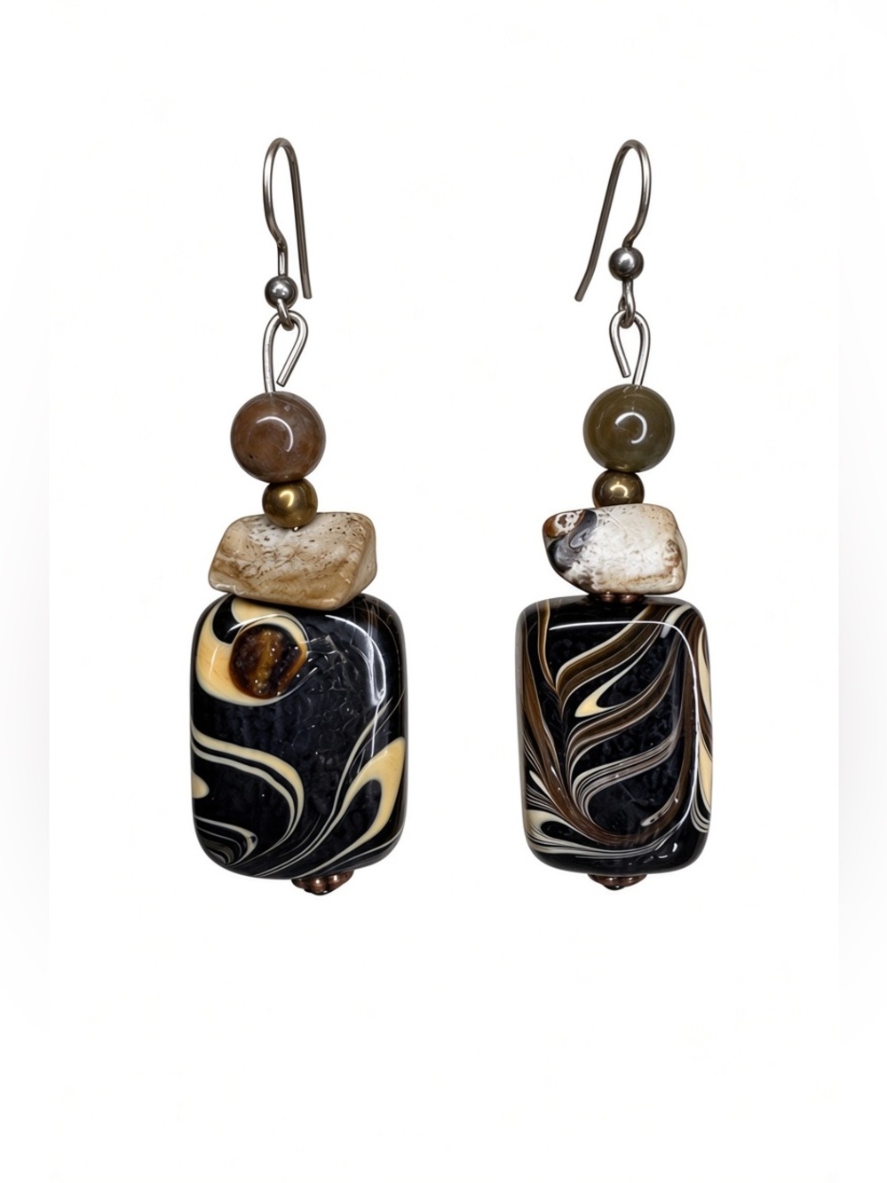 Handmade (by me!) Stone and Clay Black, Brown and Cream Swirl Drop Earrings